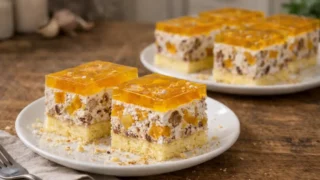 Ciasto z Prince Polo – prosty przepis na warstwowy deser z brzoskwiniami