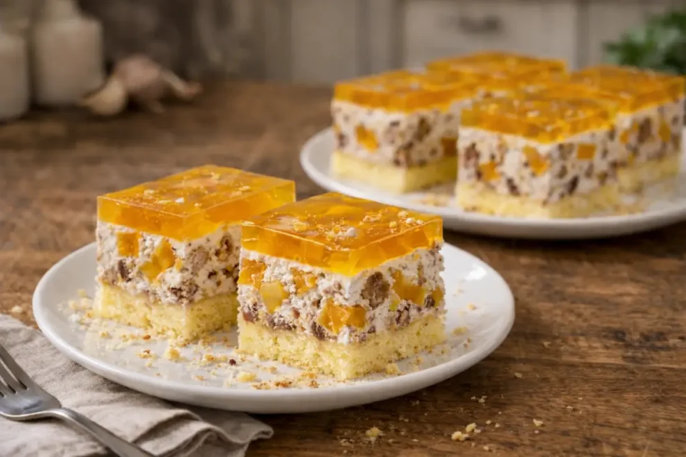 Ciasto z Prince Polo – prosty przepis na warstwowy deser z brzoskwiniami
