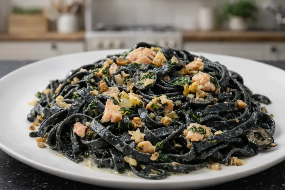 Czarne tagliatelle z pietruszką i łososiem wędzonym – szybki przepis na elegancki makaron