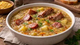 Grochówka – tradycyjna, gęsta i sycąca zupa z żeberek i wędzonej kiełbasy
