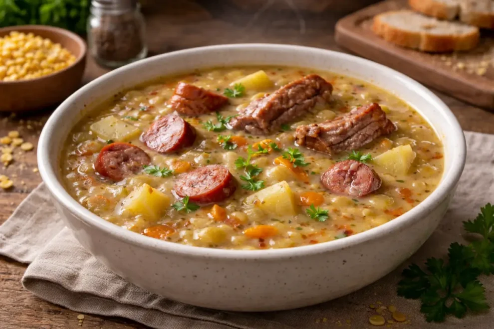 Grochówka – tradycyjna, gęsta i sycąca zupa z żeberek i wędzonej kiełbasy