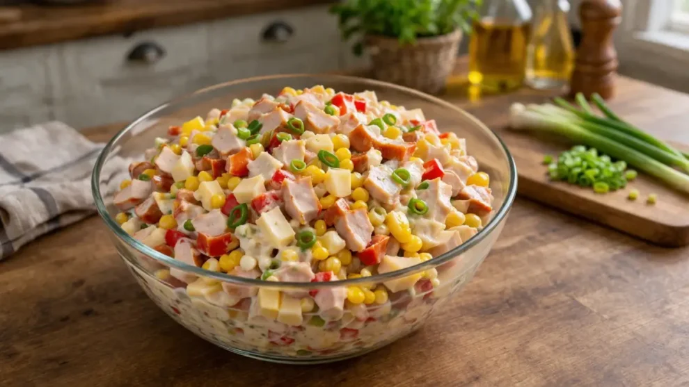 Kolorowa sałatka z kurczakiem wędzonym, papryką i serem – prosty przepis na sycącą sałatkę