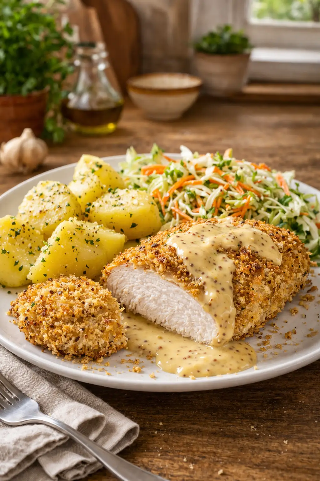 Pierś z kurczaka w panierce z kalafiora w sosie musztardowym