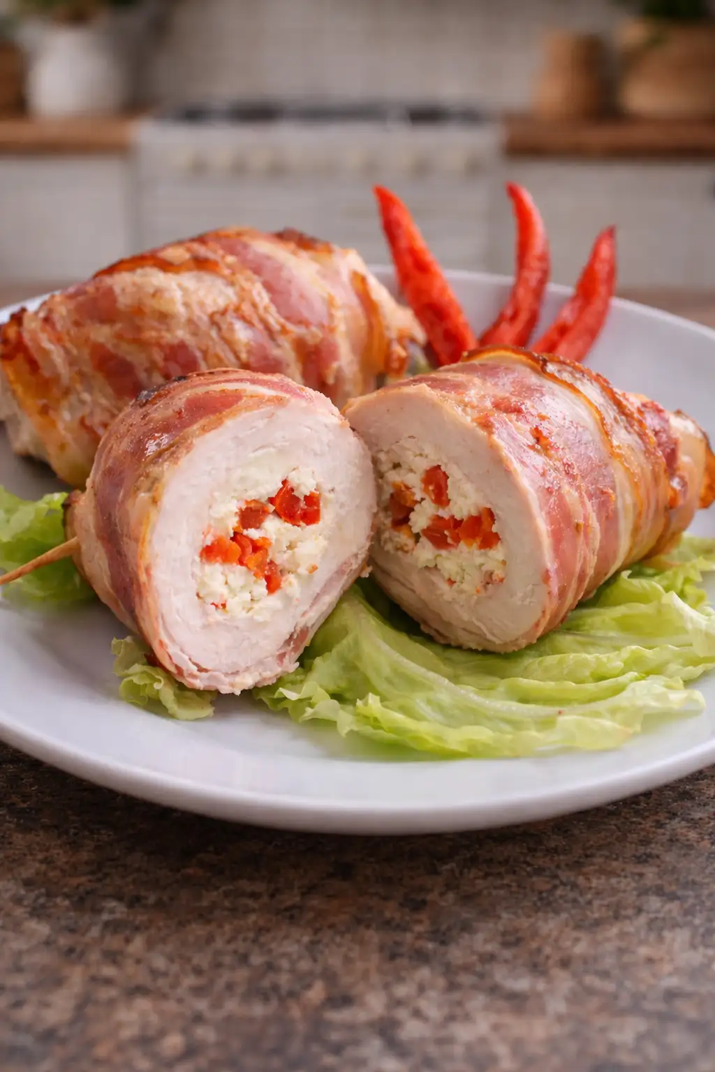 Roladki z piersi kurczaka z fetą i papryką zawijane w boczku.