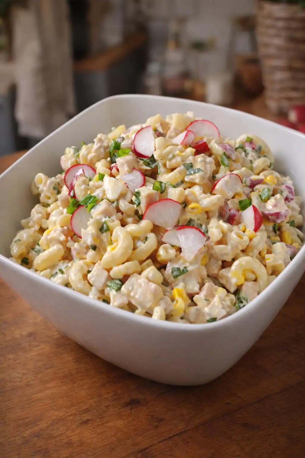 Sałatka makaronowa z rzodkiewką i piersią kurczaka.