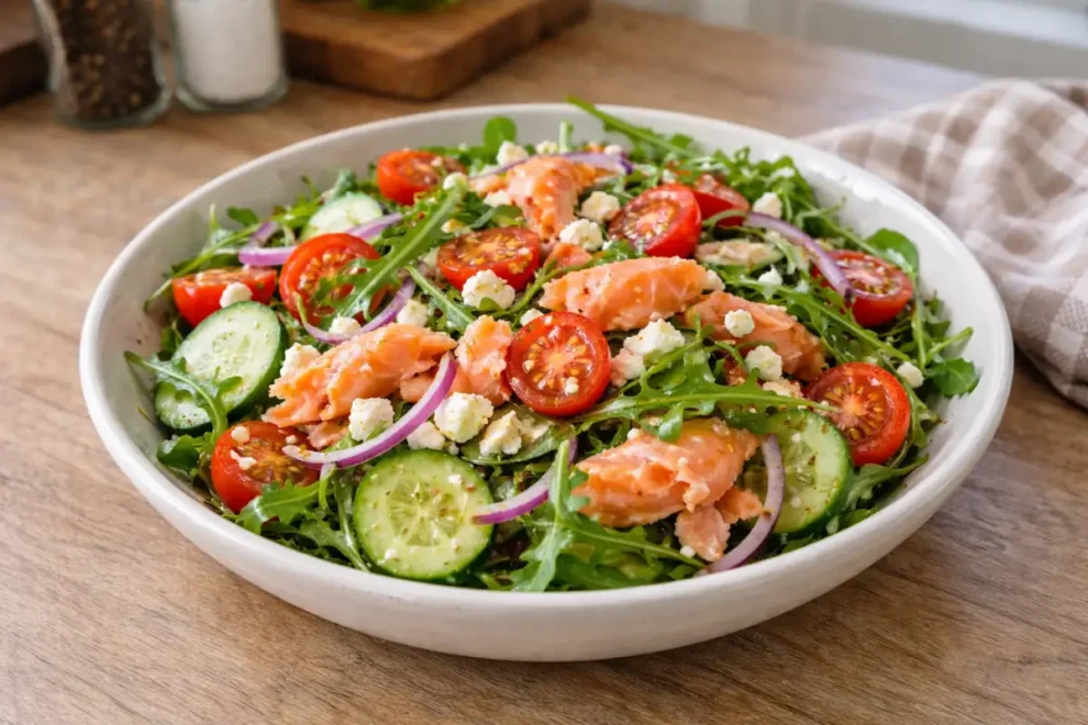 Sałatka z łososiem, rukolą i pomidorami – prosty przepis na lekki i sycący posiłek