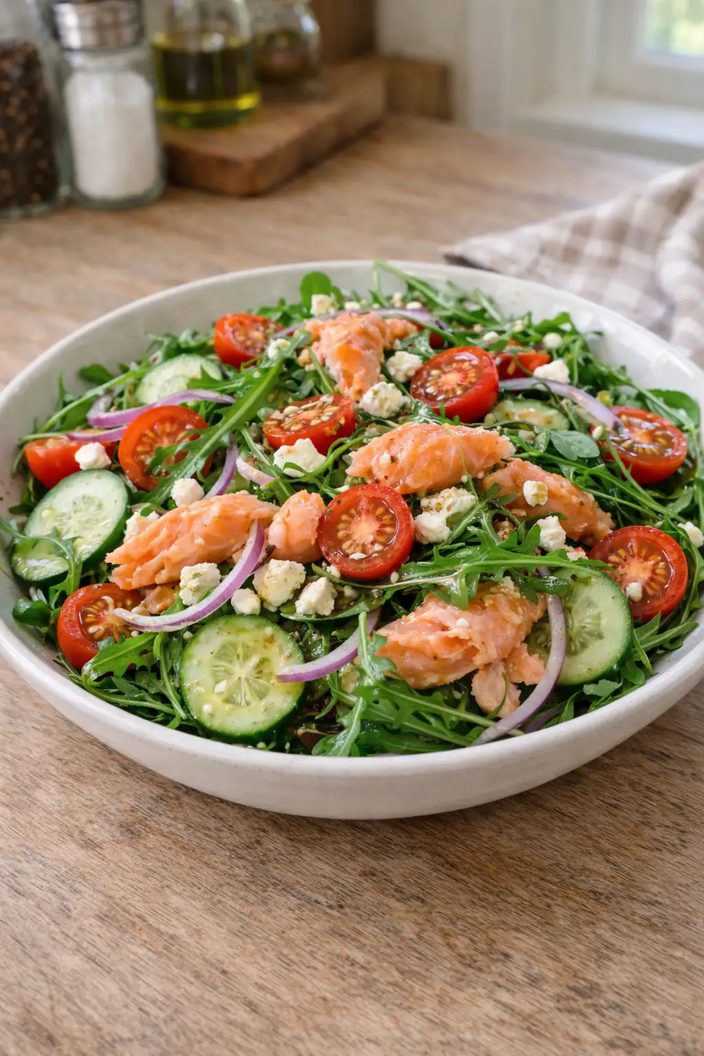 Sałatka z łososiem, rukolą i pomidorami