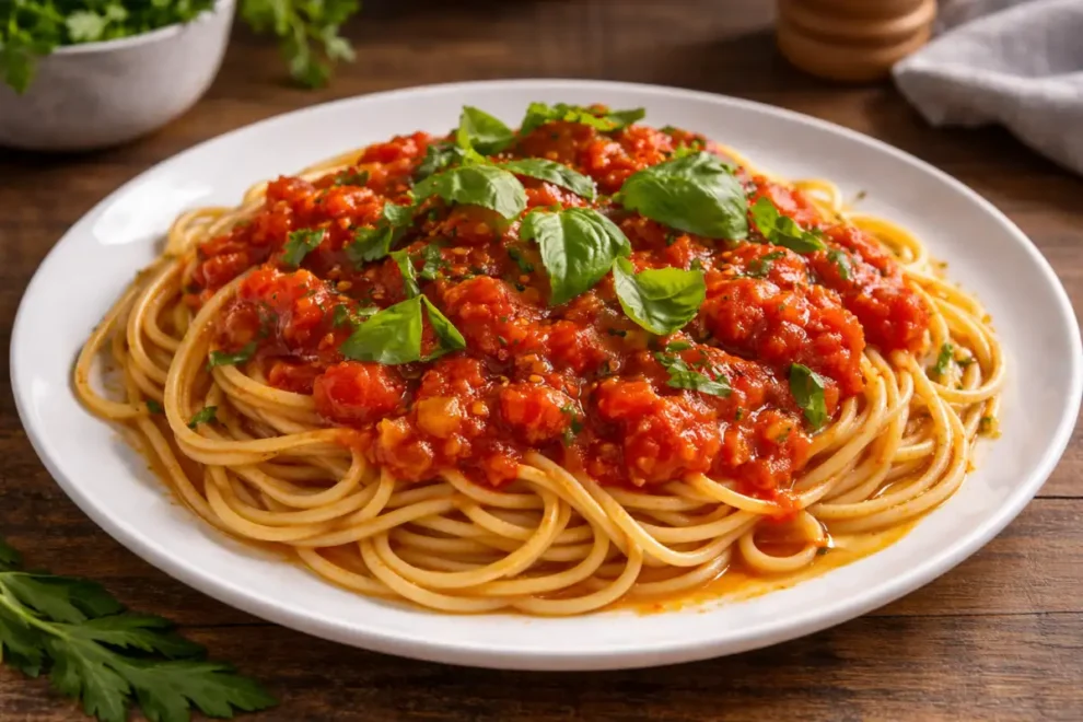 Spaghetti wegetariańskie w sosie pomidorowym – prosty przepis na domowy obiad