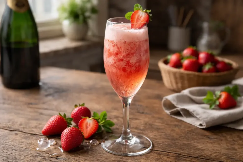 Truskawkowy szampan – prosty drink z sorbetem truskawkowym