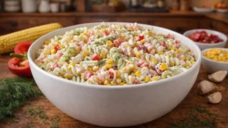 Warzywna sałatka z makaronem – szybki przepis z sosem czosnkowym