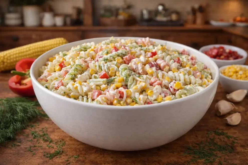 Warzywna sałatka z makaronem – szybki przepis z sosem czosnkowym