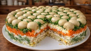 Grzybowa polana – efektowna sałatka warstwowa z pieczarkami i kurczakiem