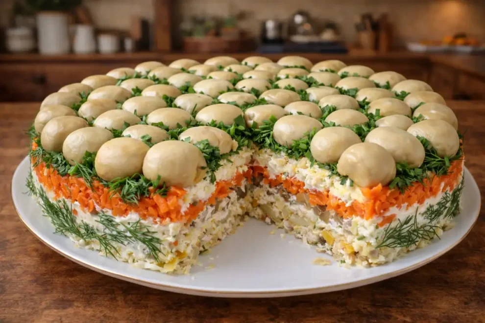 Grzybowa polana – efektowna sałatka warstwowa z pieczarkami i kurczakiem