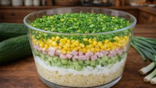 Wiosenna sałatka warstwowa z ogórkiem – prosty przepis na lekką sałatkę z makaronem