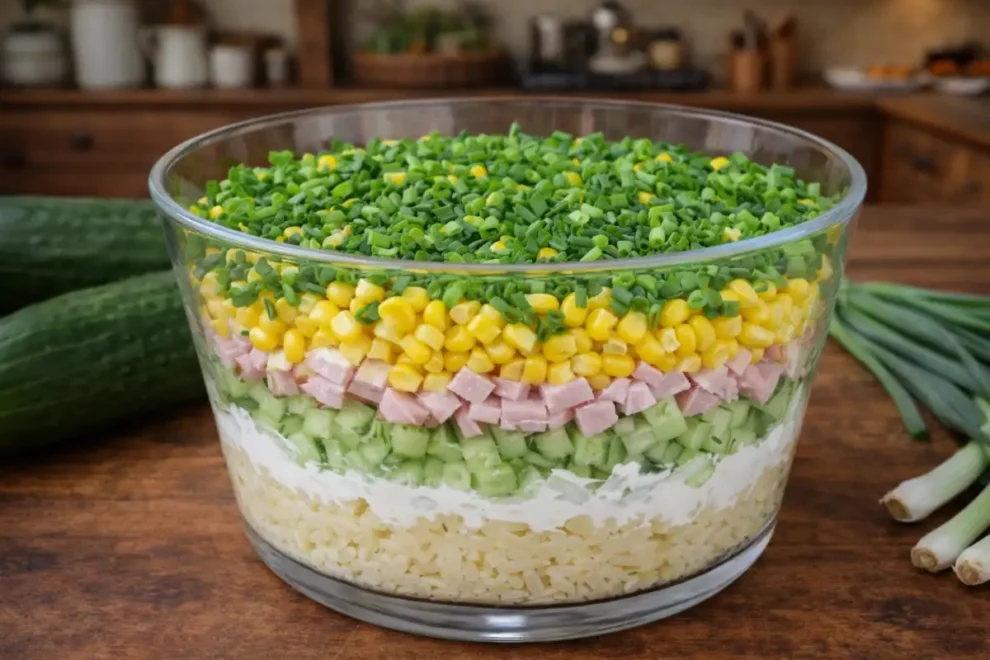 Wiosenna sałatka warstwowa z ogórkiem – prosty przepis na lekką sałatkę z makaronem