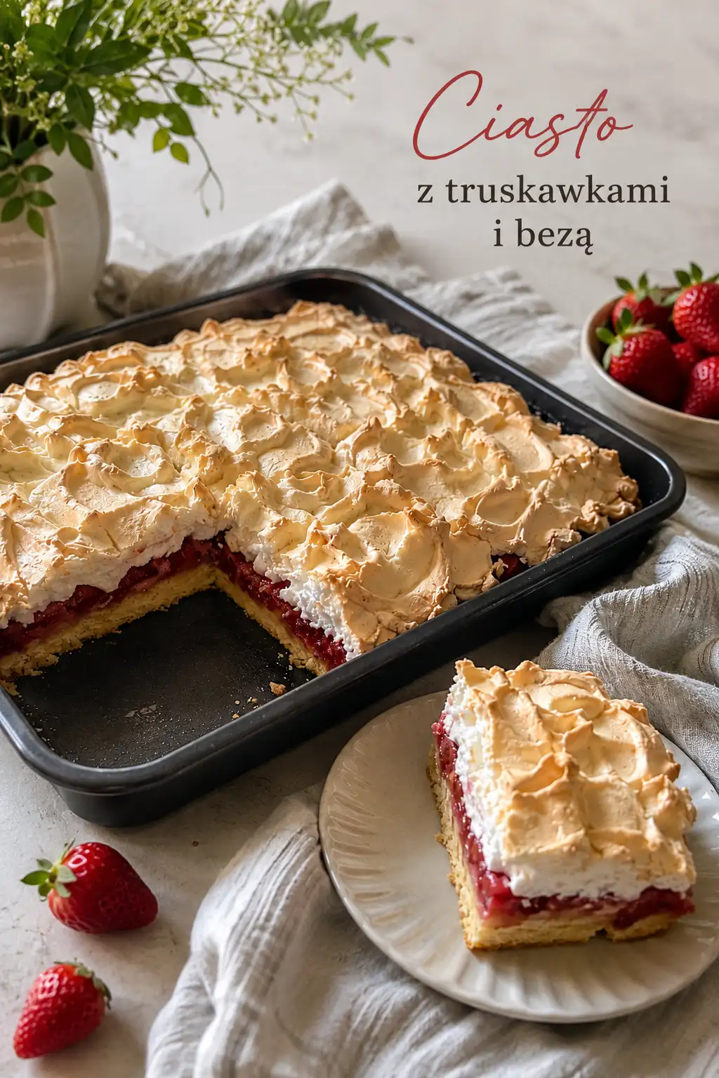 Ciasto z truskawkami i bezą – kruchy wypiek z owocami, prosty przepis