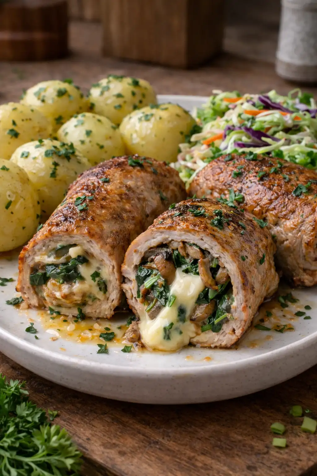 Roladki schabowe z pieczarkami, szpinakiem i mozzarellą