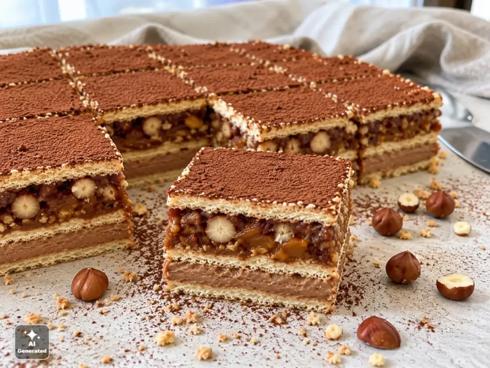 Ciasto Ferrero Rocher – prosty deser bez pieczenia z kajmakiem i orzechami