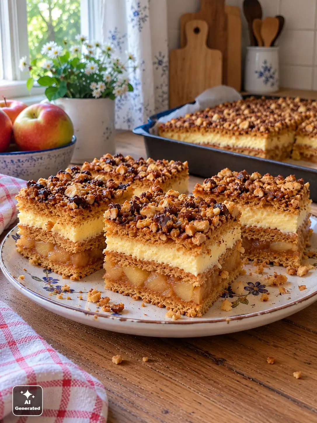 Domowe ciasto Snickers z jabłkami i orzechowym krokantem