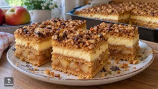 Domowe ciasto Snickers z jabłkami i orzechowym krokantem