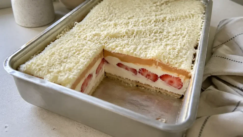 Ciasto Krówka z truskawkami w 15 minut – prosty deser bez pieczenia