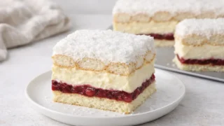 Ciasto Bajeczne – efektowny deser z masą budyniową, wiśniami i bitą śmietaną