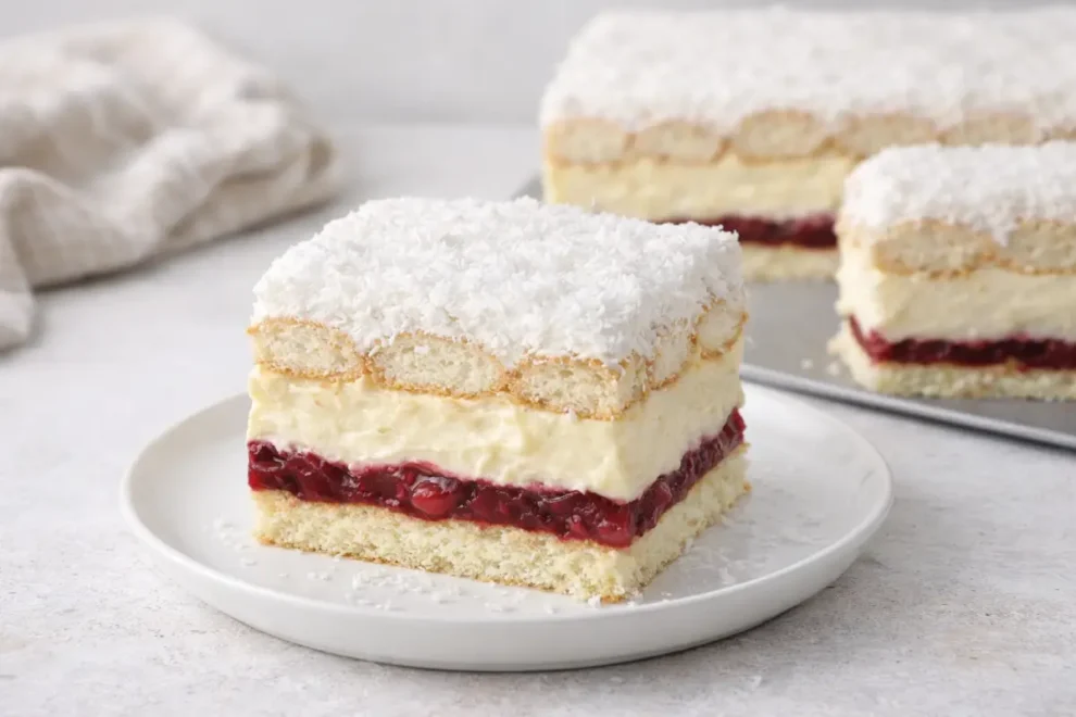 Ciasto Bajeczne – efektowny deser z masą budyniową, wiśniami i bitą śmietaną
