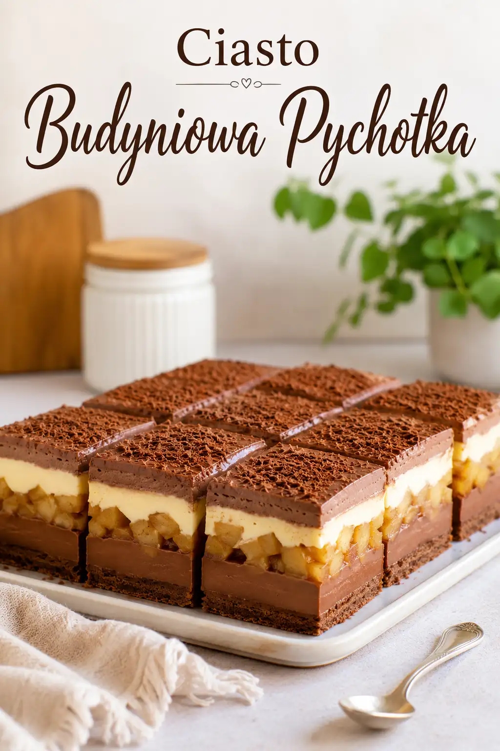 Ciasto Budyniowa Pychotka  – prosty deser bez pieczenia z jabłkami
