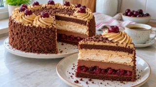 TORT KAWOWO-CZEKOLADOWY Z WIŚNIAMI - efektowny przepis na domowy wypiek