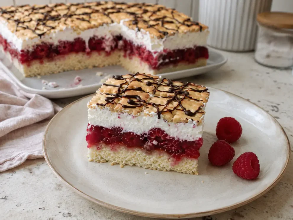 Ciasto z bitą śmietaną i malinami w galaretce – prosty przepis na lekki deser