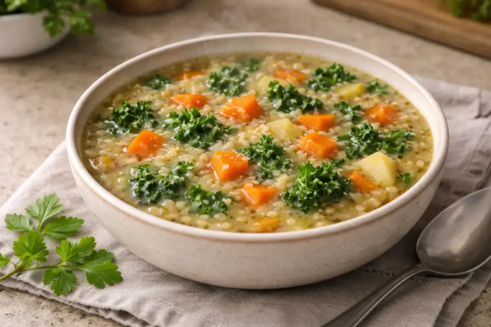 Jaglany krupnik z batatami i jarmużem – prosty przepis na pożywną zupę