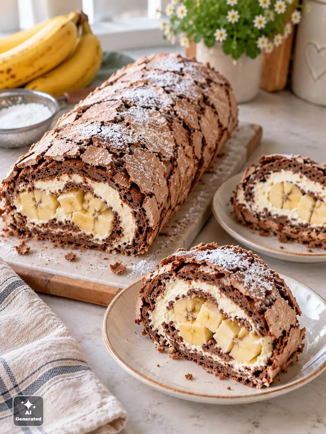 Kakaowa rolada bezowa z bananami - lekki deser z kremem