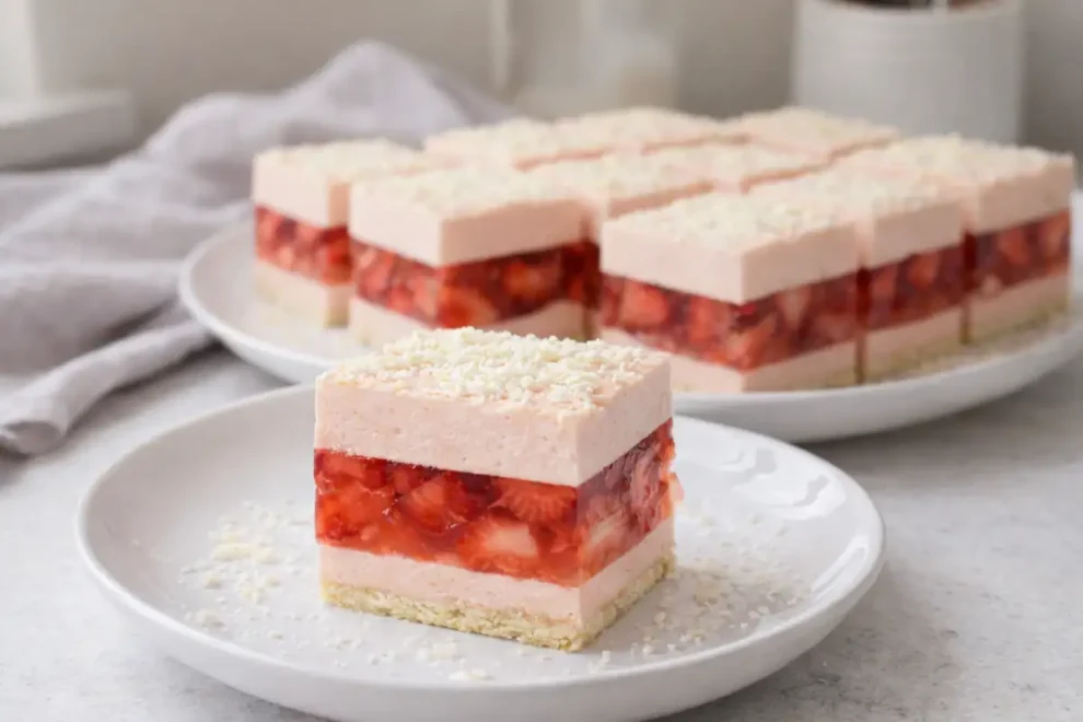 Truskaweczka – lekkie ciasto bez pieczenia z pianką i truskawkami