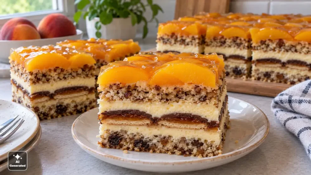 Ciasto Kora dębowa - sprawdzony przepis z brzoskwiniami i delicjami