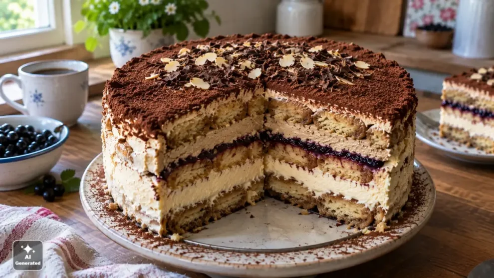 Tort tiramisu z kawowo-porzeczkową nutą - efektowny deser bez pieczenia