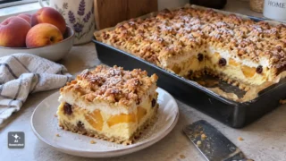 Sernik z brzoskwiniami - prosty przepis na kruche ciasto z delikatną masą