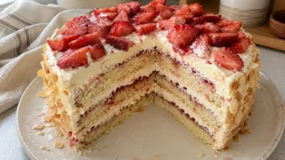 Tort z migdałami, truskawkami i kremem mascarpone – prosty przepis na efektowny deser