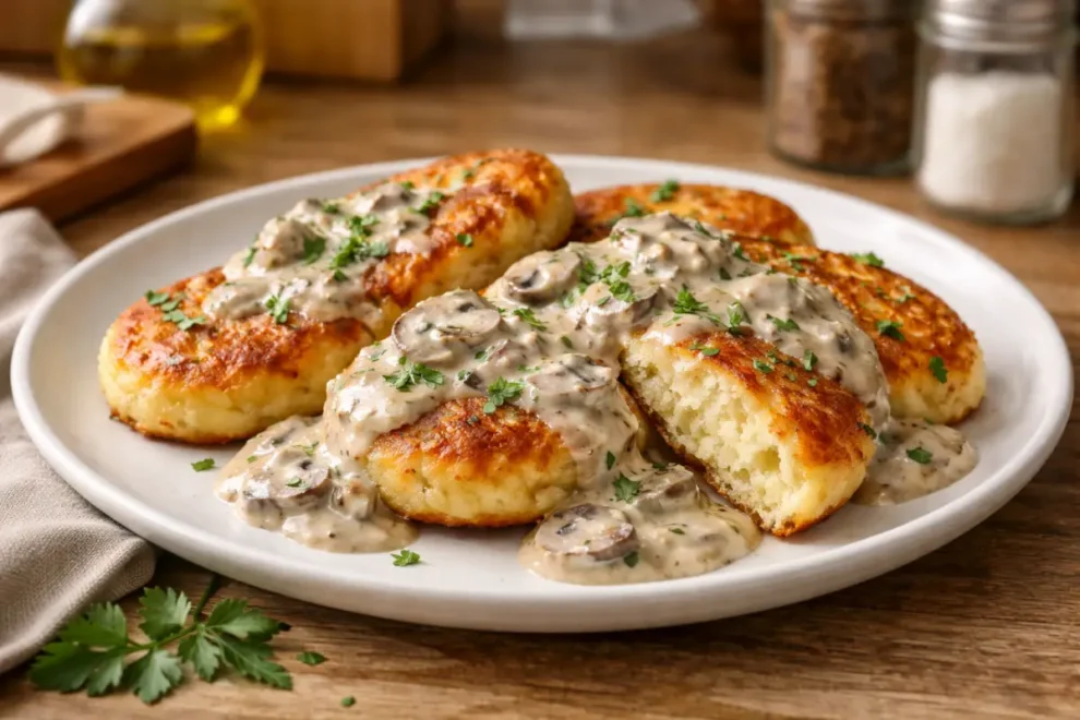 Kotleciki ziemniaczane z sosem pieczarkowym – prosty przepis na sycący obiad