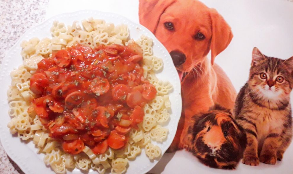 Makaron "Psi Patrol" w sosie pomidorowym z parówkami