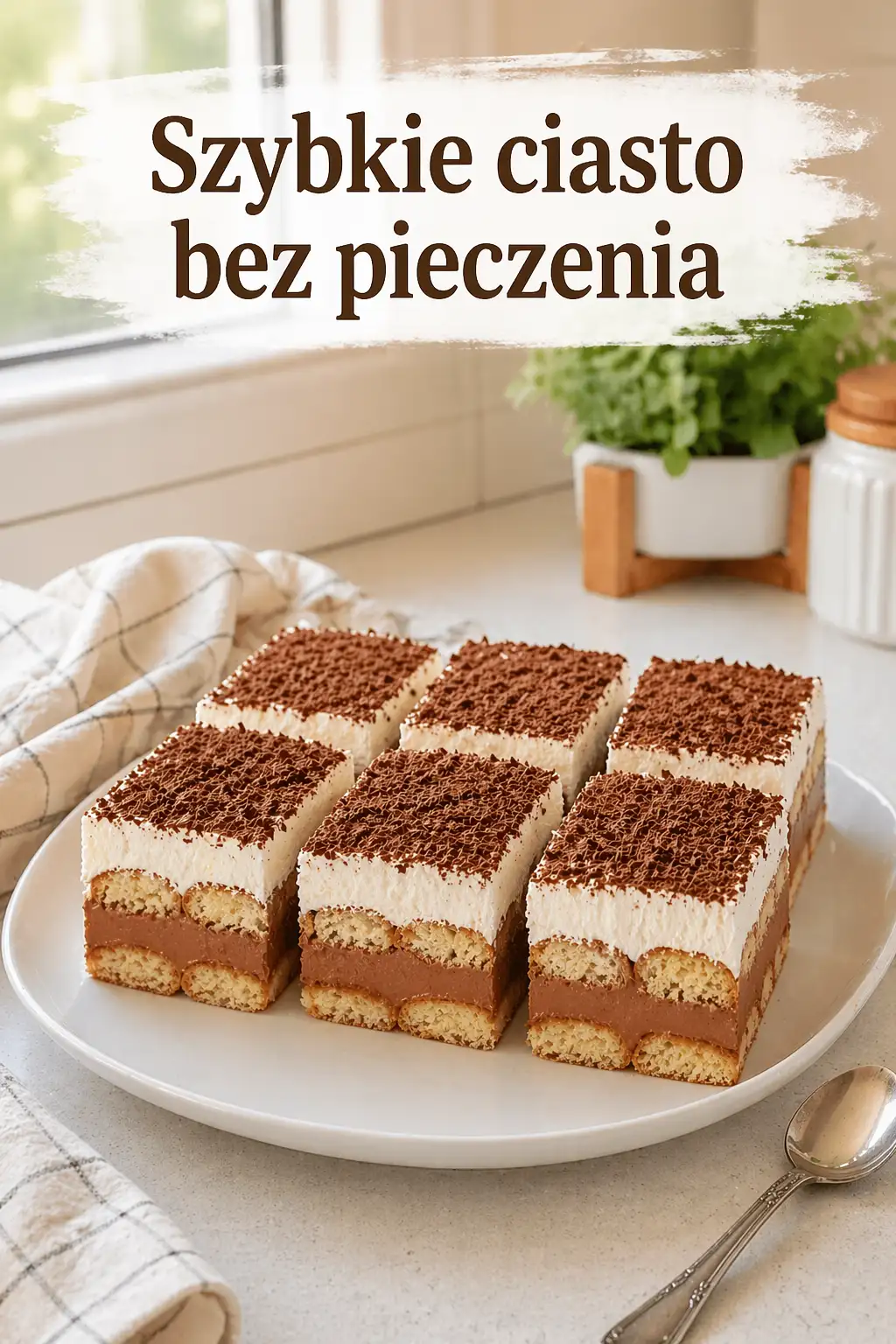 Szybkie ciasto bez pieczenia z biszkoptami, kremem kakaowym i bitą śmietaną