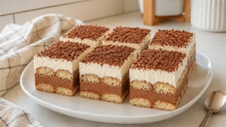 Szybkie ciasto bez pieczenia z biszkoptami, kremem kakaowym i bitą śmietaną