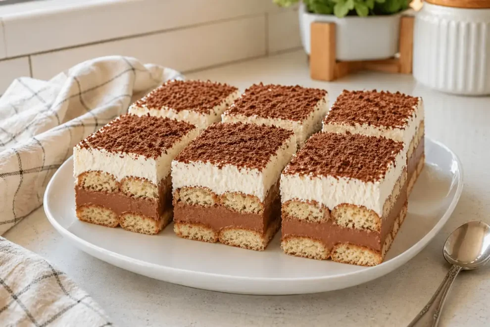 Szybkie ciasto bez pieczenia z biszkoptami, kremem kakaowym i bitą śmietaną