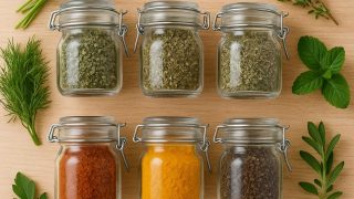 Zioła i przyprawy w słoiczkach na kuchennym stole