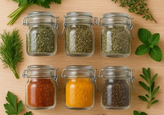 Zioła i przyprawy w słoiczkach na kuchennym stole