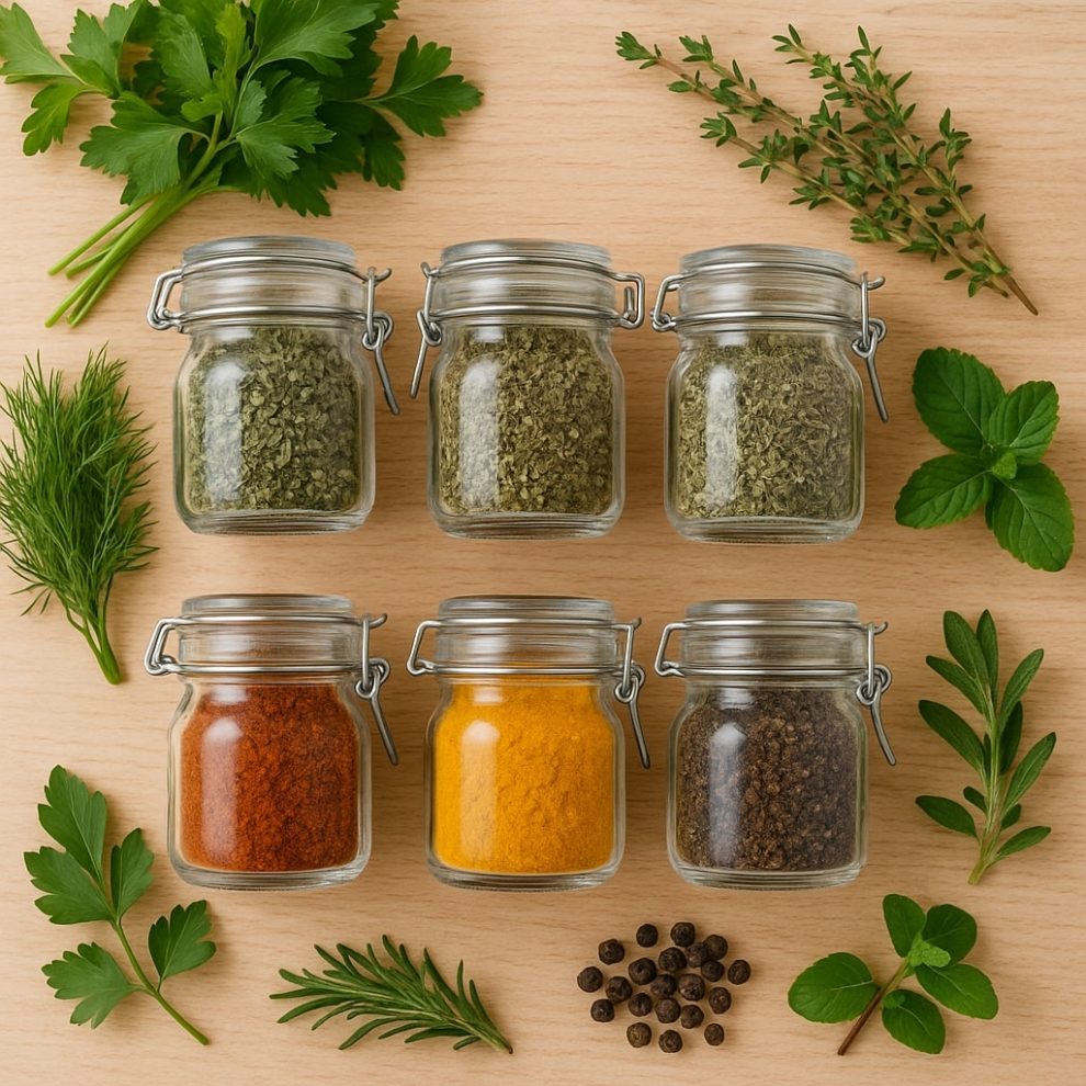 Zioła i przyprawy w słoiczkach na kuchennym stole