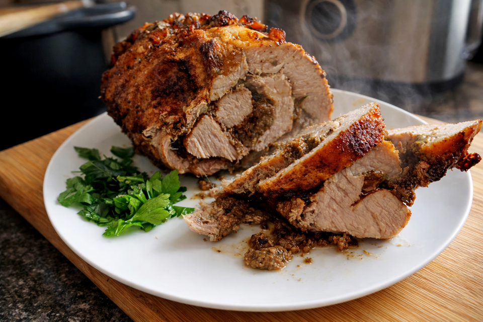 Soczysta pieczeń z szynki faszerowana grzybami – król niedzielnego stołu!