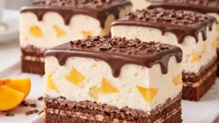 Ciasto kakaowe z kremem i brzoskwiniami – miękkie, chrupiące i idealne na każdą okazję