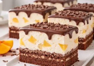 Ciasto kakaowe z kremem i brzoskwiniami – miękkie, chrupiące i idealne na każdą okazję