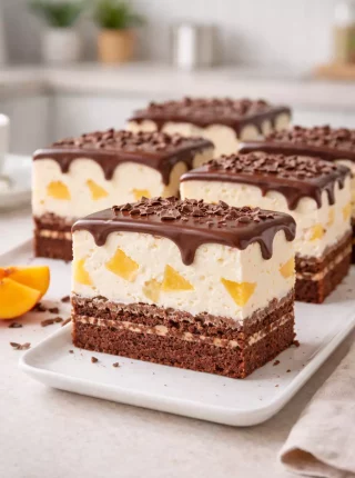 Ciasto kakaowe z kremem i brzoskwiniami – miękkie, chrupiące i idealne na każdą okazję