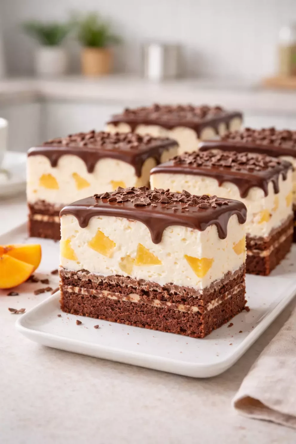 Ciasto kakaowe z kremem i brzoskwiniami – miękkie, chrupiące i idealne na każdą okazję